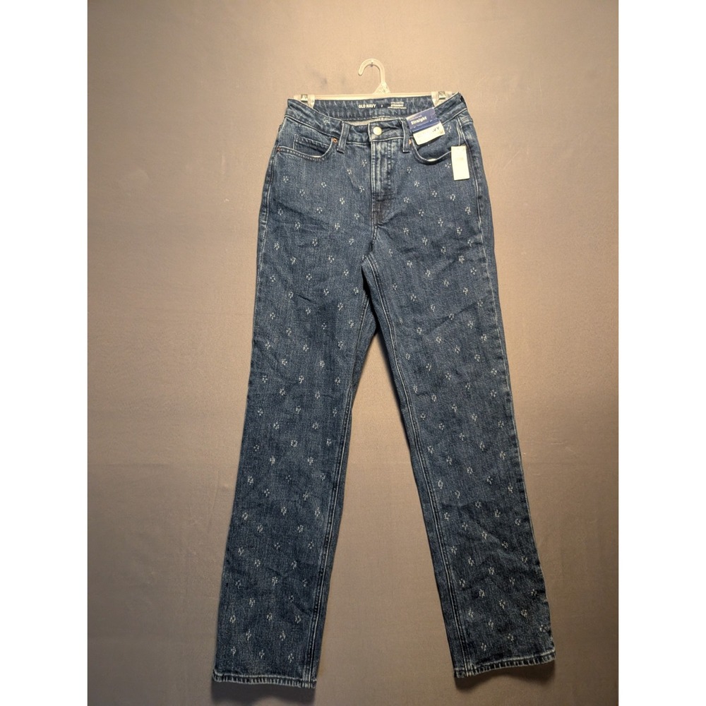 Old Navy Straight Jeans Womens 2 Blue Denim Embroidered Floral Extra High Rise